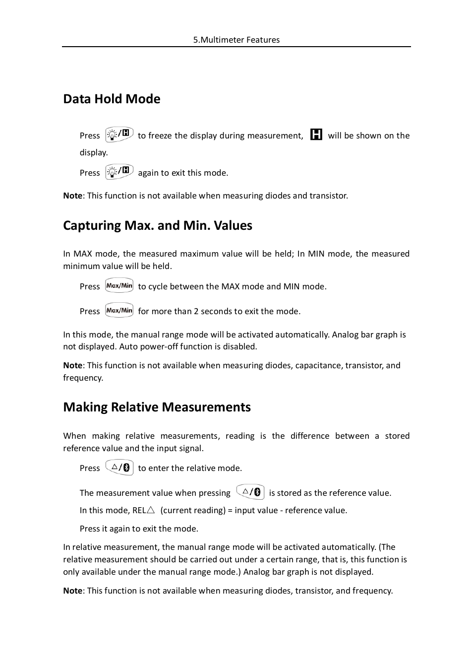 Multimeter features, Data hold mode, Capturing max. and min. values | Making relative measurements | OWON B35(T) User Manual | Page 22 / 32