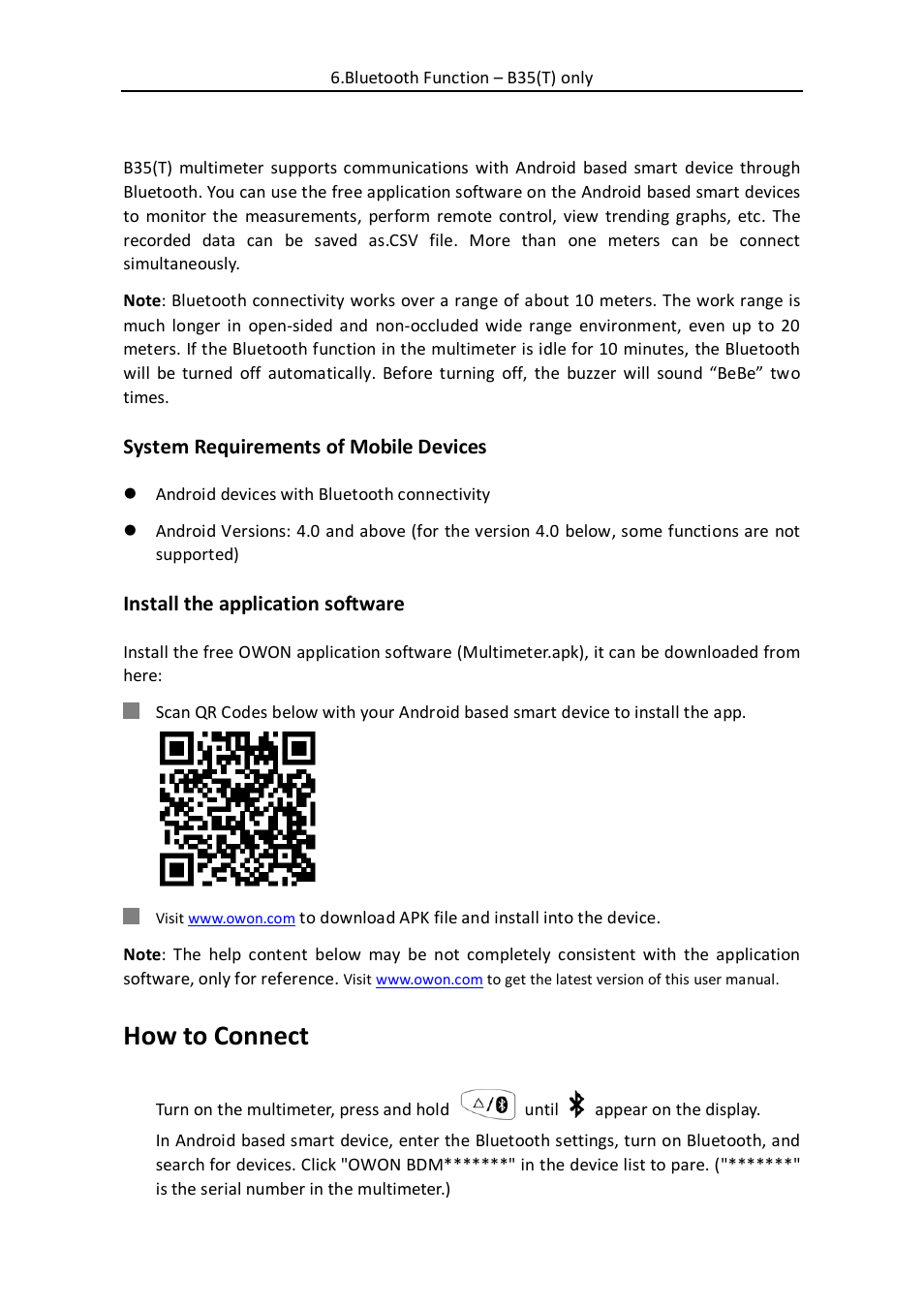Bluetooth function – b35(t) only, How to connect, Bluetooth function | B35(t) only | OWON B35(T) User Manual | Page 24 / 32
