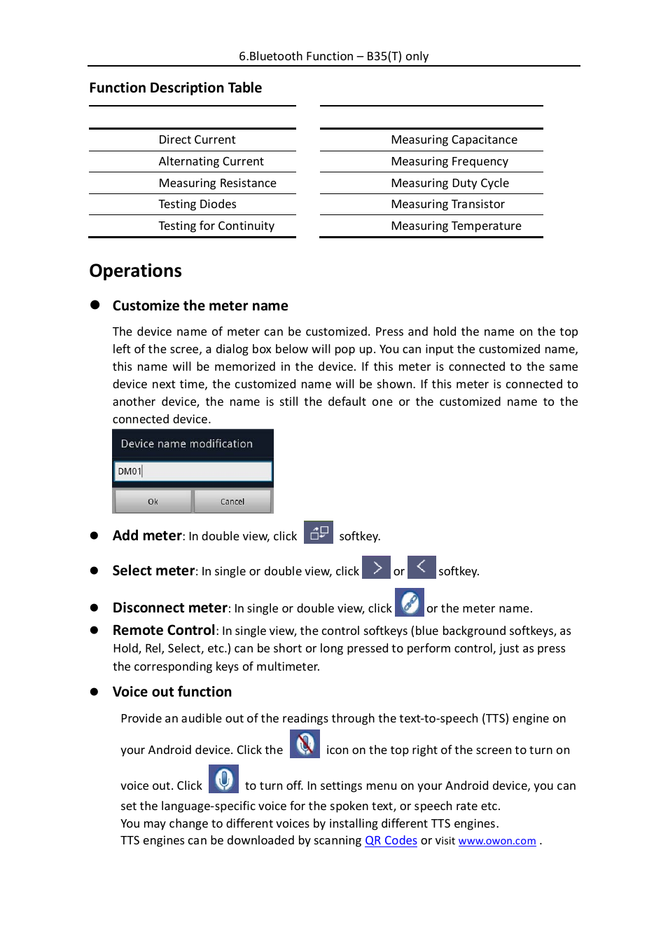 Operations, Function description table, Customize the meter name | Add meter, Select meter, Disconnect meter, Remote control, Voice out function | OWON B35(T) User Manual | Page 27 / 32