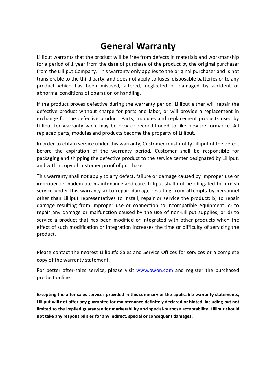 General warranty | OWON B35(T) User Manual | Page 3 / 32