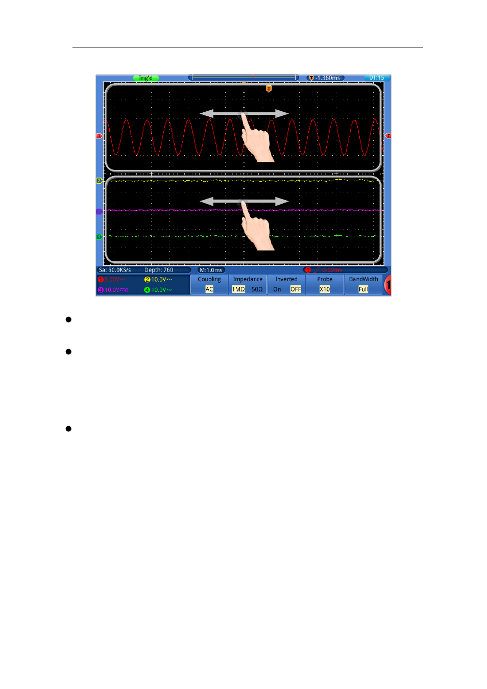 Set the horizontal system through touchscreen, Zoom the waveform through touchscreen | OWON TDS Series User Manual | Page 24 / 82