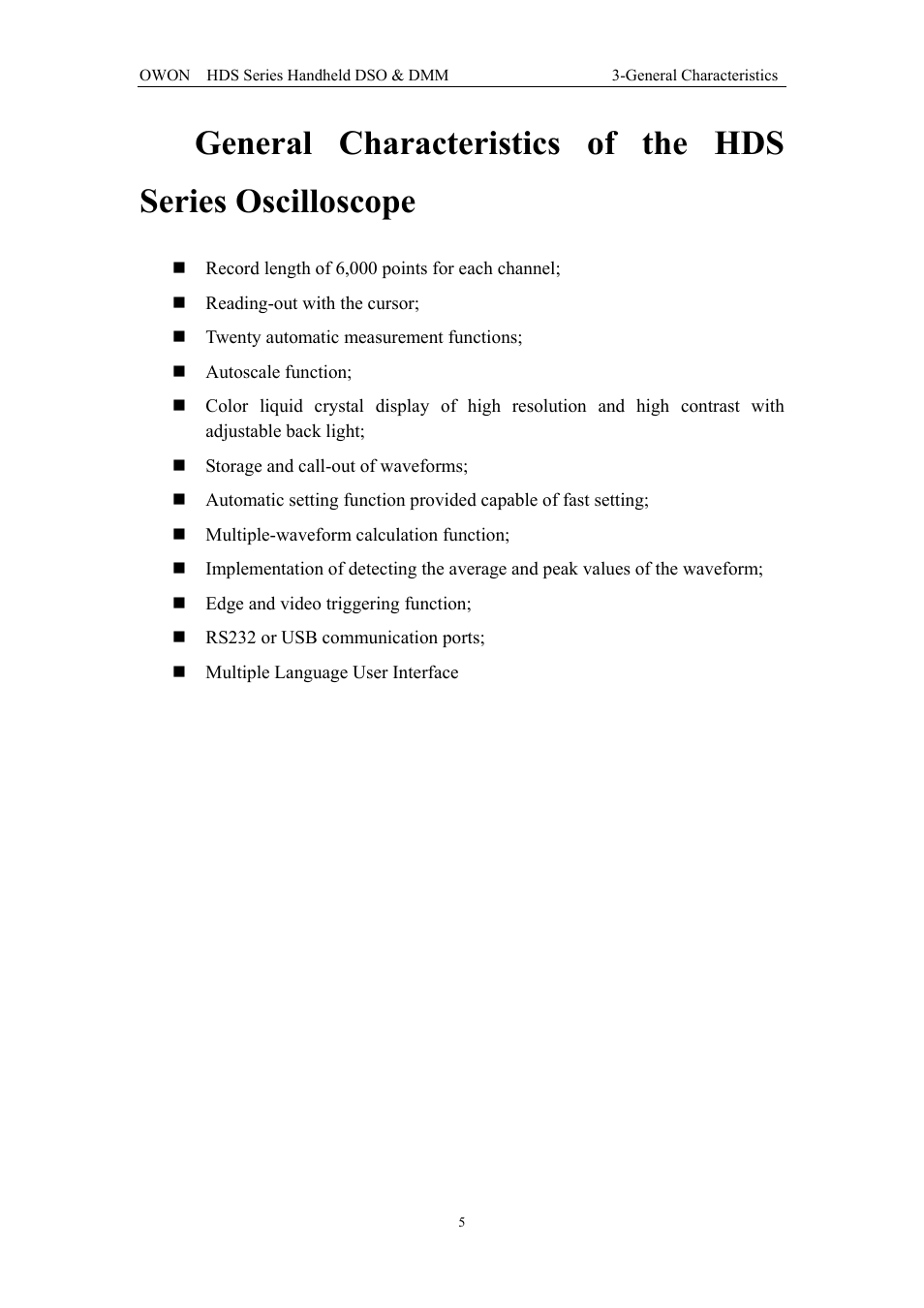 General characteristics of the hds series | OWON HDS Series User Manual | Page 13 / 72