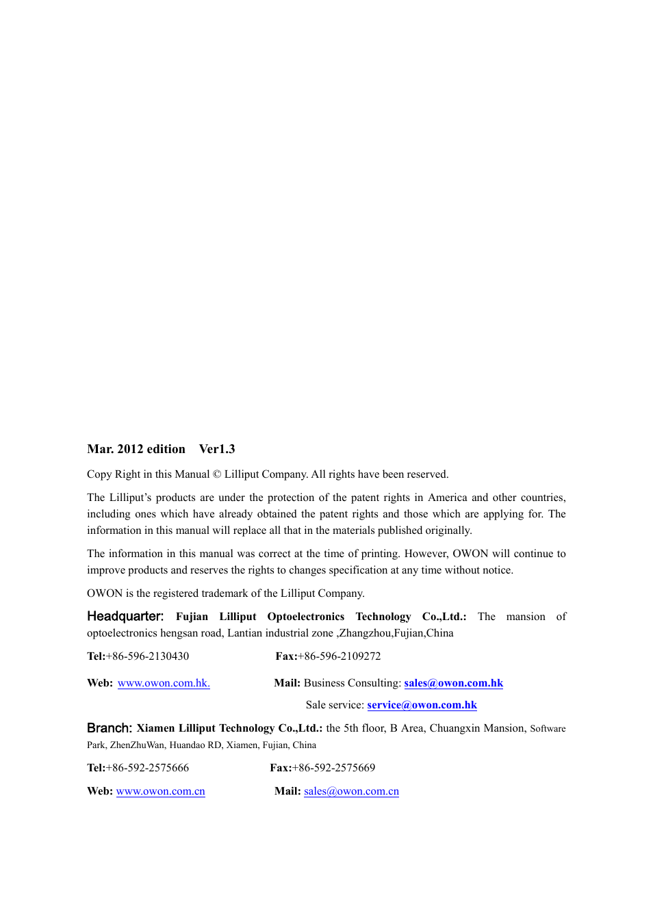 OWON HDS Series User Manual | Page 2 / 72