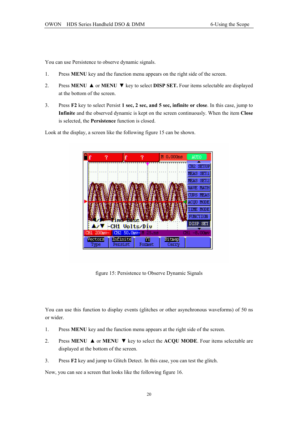 13 using persistence to display waveforms, 14 using peak detection to display glitches | OWON HDS Series User Manual | Page 28 / 72