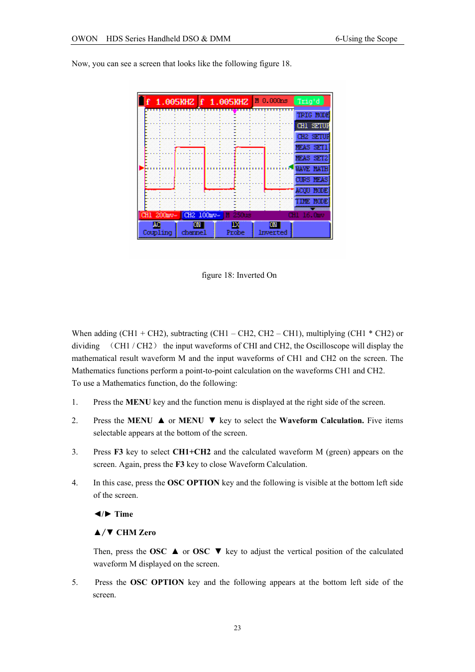 17 using waveform mathematics functions | OWON HDS Series User Manual | Page 31 / 72