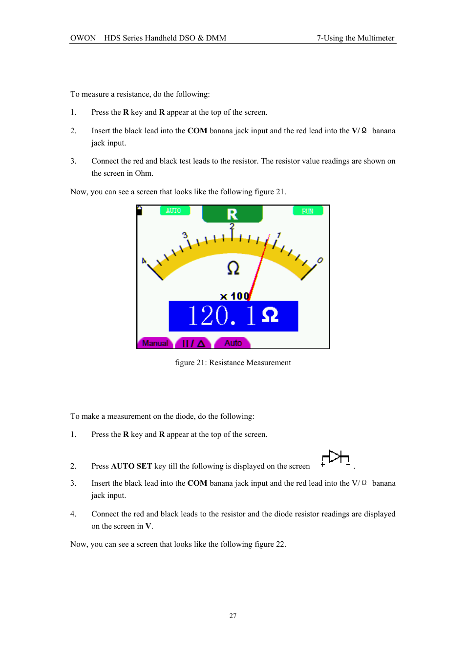 1 measuring resistance values, 2 making a diode measurement | OWON HDS Series User Manual | Page 35 / 72