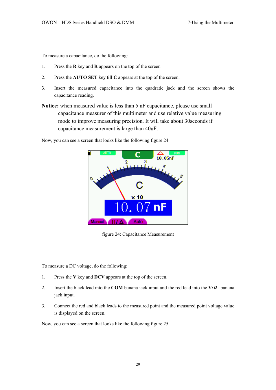 4 making a capacitance measurement, 5 making a dc voltage measurement | OWON HDS Series User Manual | Page 37 / 72