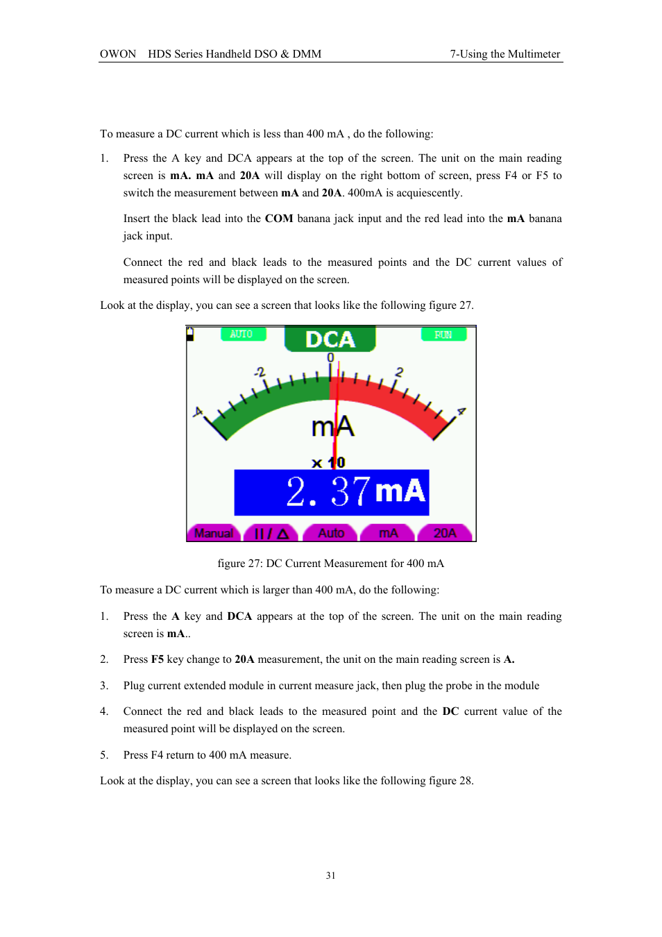 7 making a dc current measurement | OWON HDS Series User Manual | Page 39 / 72