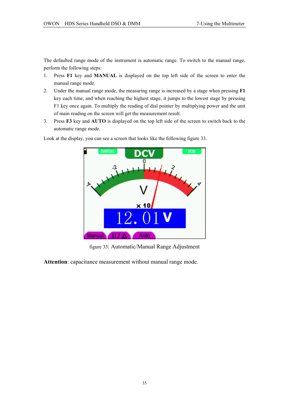 7 selecting automatic/manual range adjustment | OWON HDS Series User Manual | Page 43 / 72