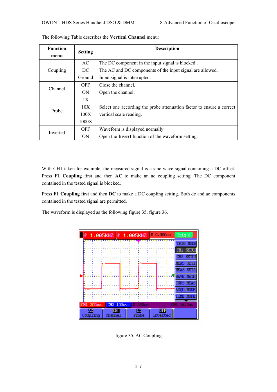1 setting the channel coupling | OWON HDS Series User Manual | Page 45 / 72
