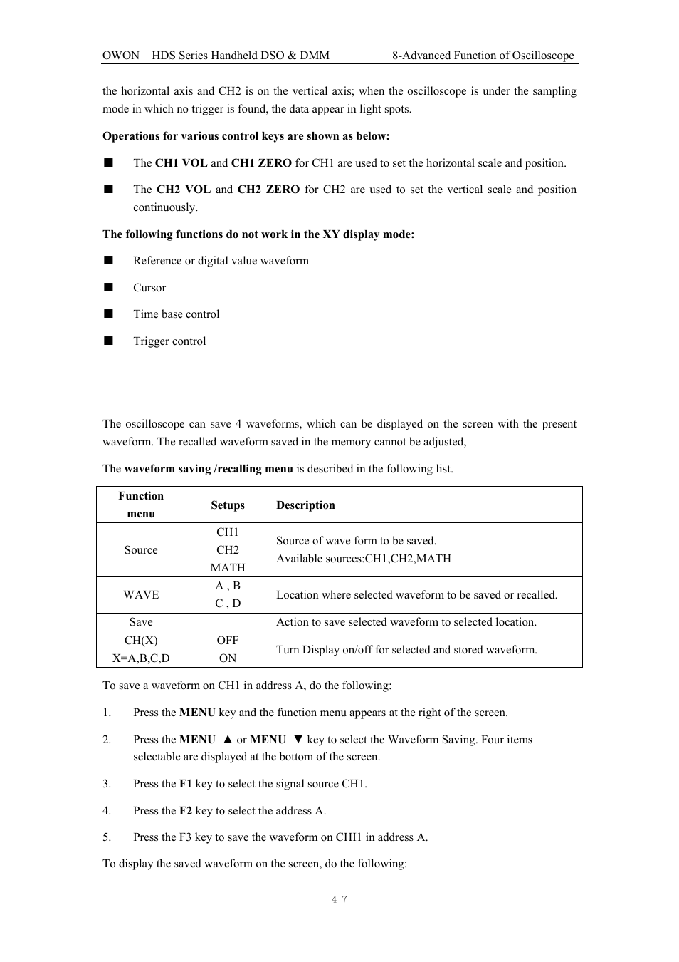 8 waveform saving setups | OWON HDS Series User Manual | Page 55 / 72