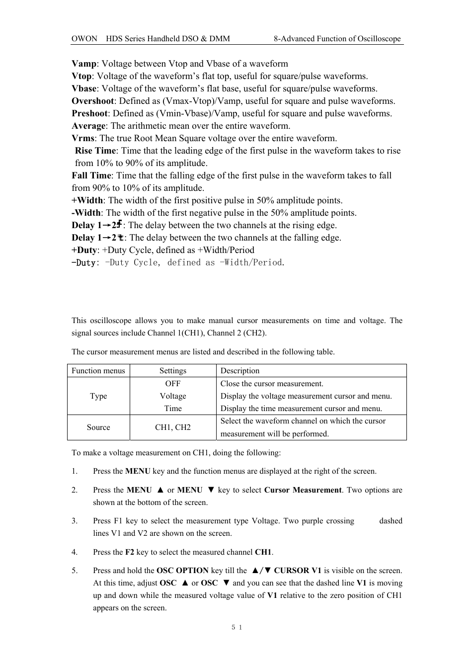 11 setting the cursor measurements | OWON HDS Series User Manual | Page 59 / 72