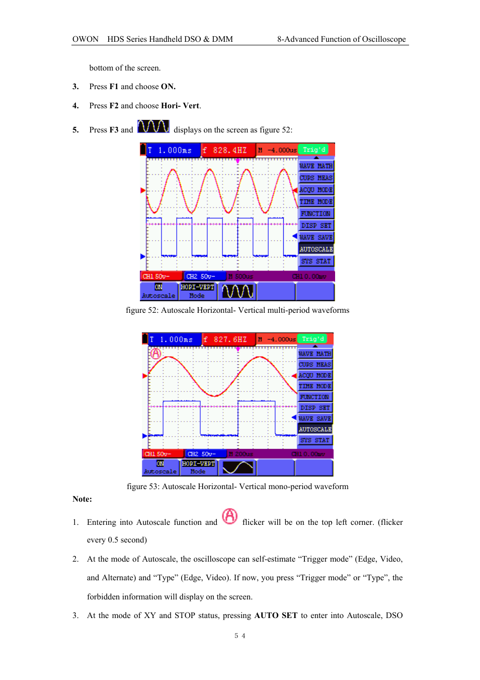 Figure 52: autoscale horizontal- vertical, Multi-period waveforms | OWON HDS Series User Manual | Page 62 / 72