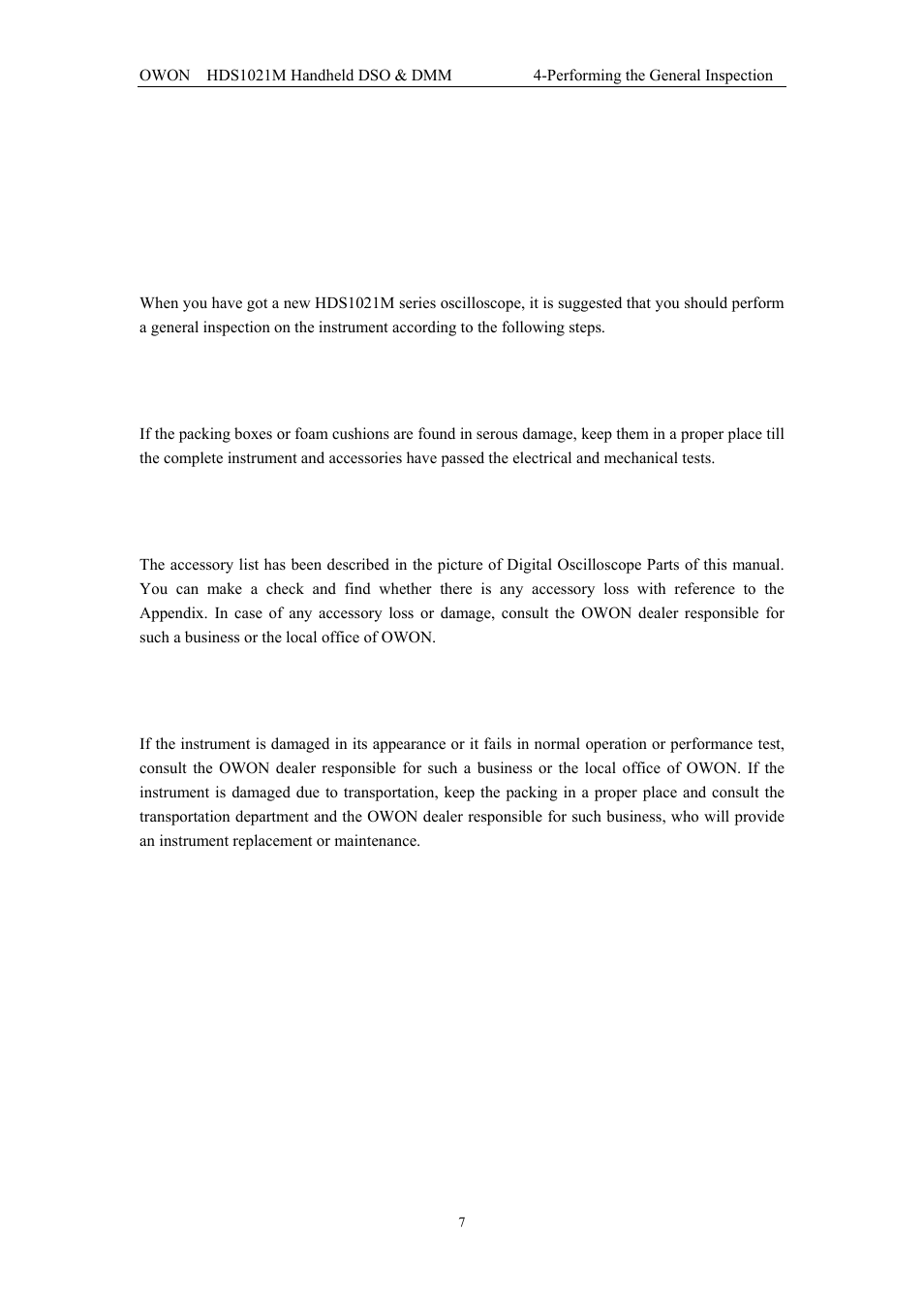 Performing the general inspection, 1 performing the general inspection, 2 make a check on accessories | 3 make a check on the complete instrument | OWON HDS1021M User Manual | Page 14 / 64