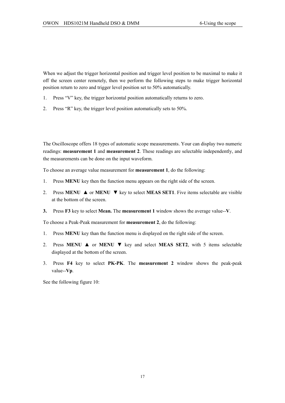 10 automatic measurements, 9 automatic zero-returning of trigger horizontal, Position and 50% setting of trigger level position | OWON HDS1021M User Manual | Page 24 / 64