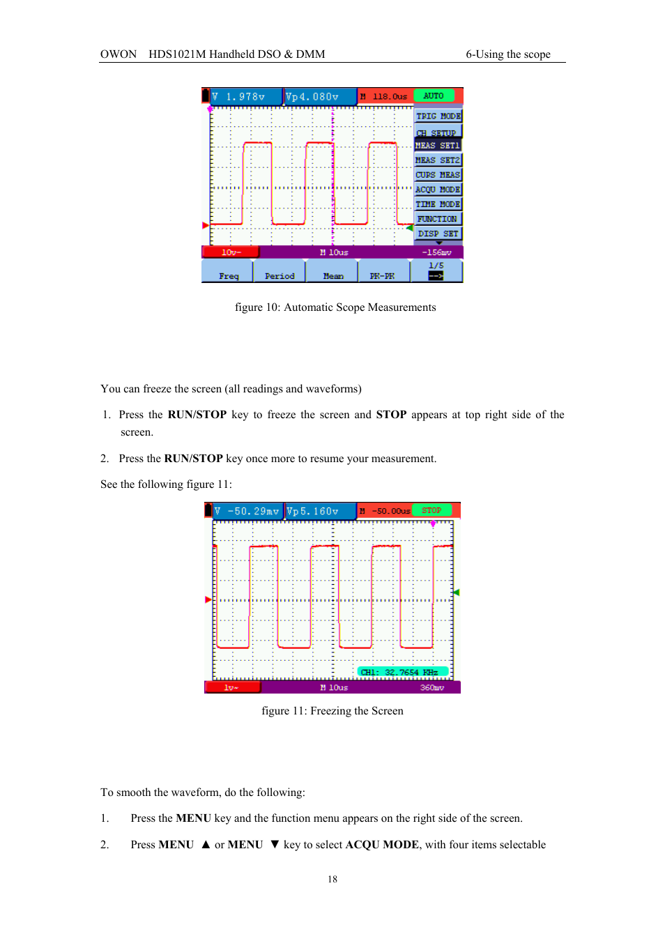 11 freezing the screen, 12 using average for smoothing waveforms | OWON HDS1021M User Manual | Page 25 / 64