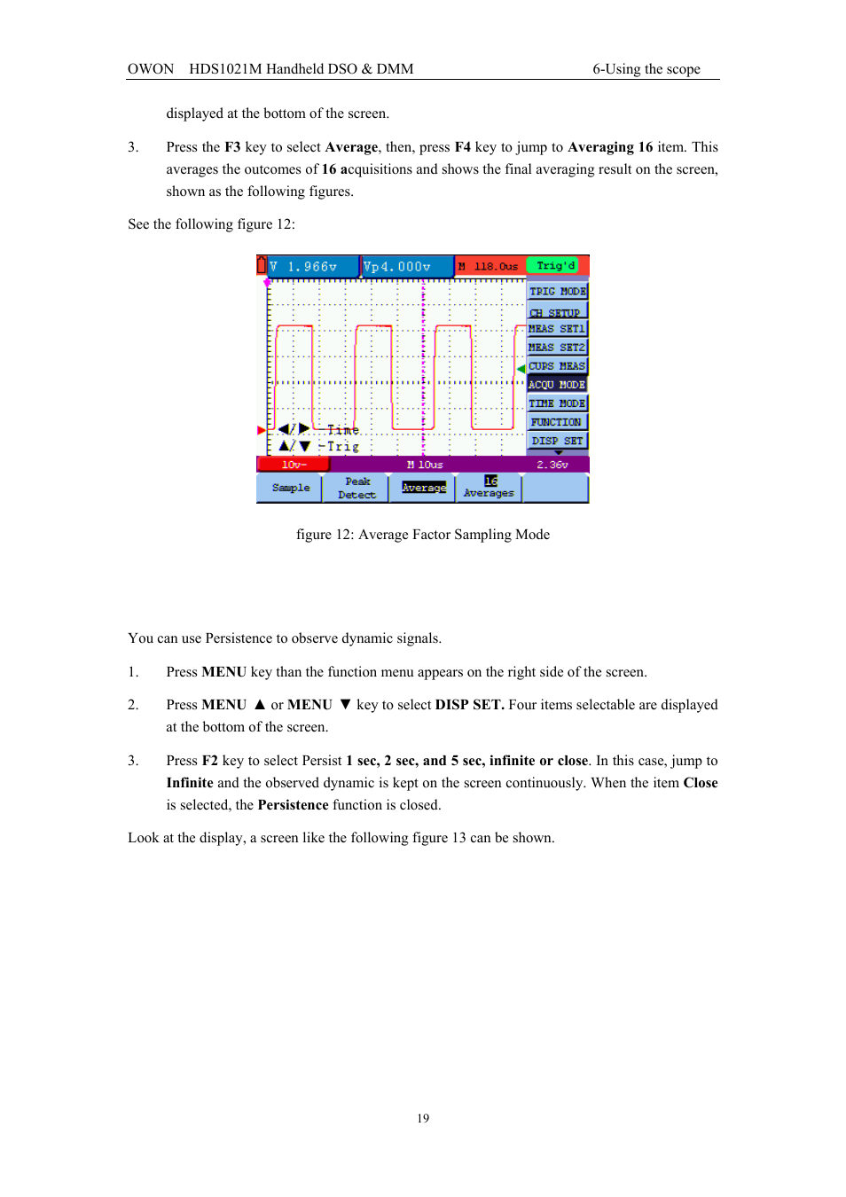 13 using persistence to display waveforms | OWON HDS1021M User Manual | Page 26 / 64
