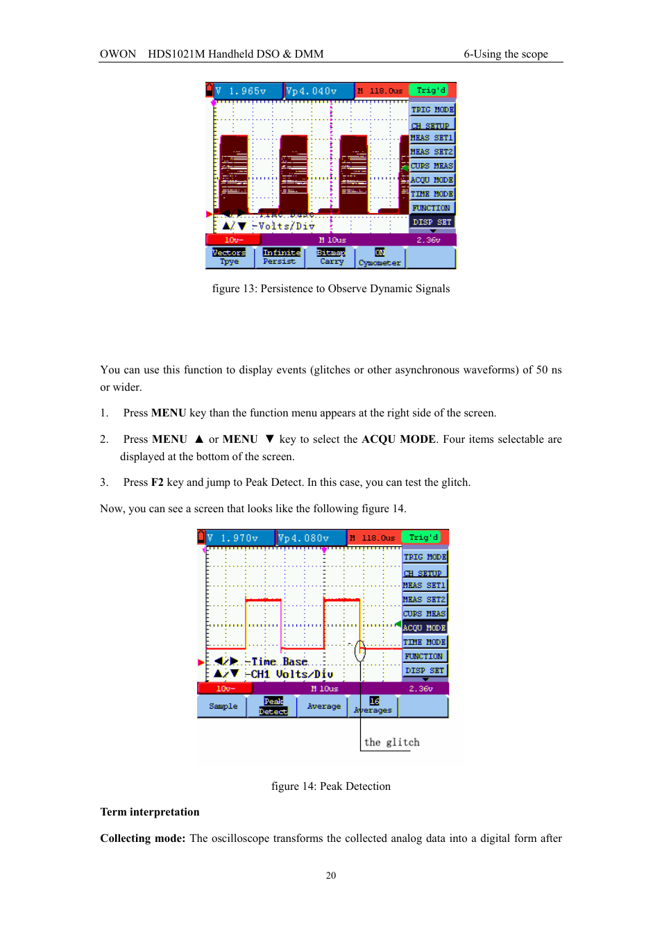 14 using peak detection to display glitches | OWON HDS1021M User Manual | Page 27 / 64