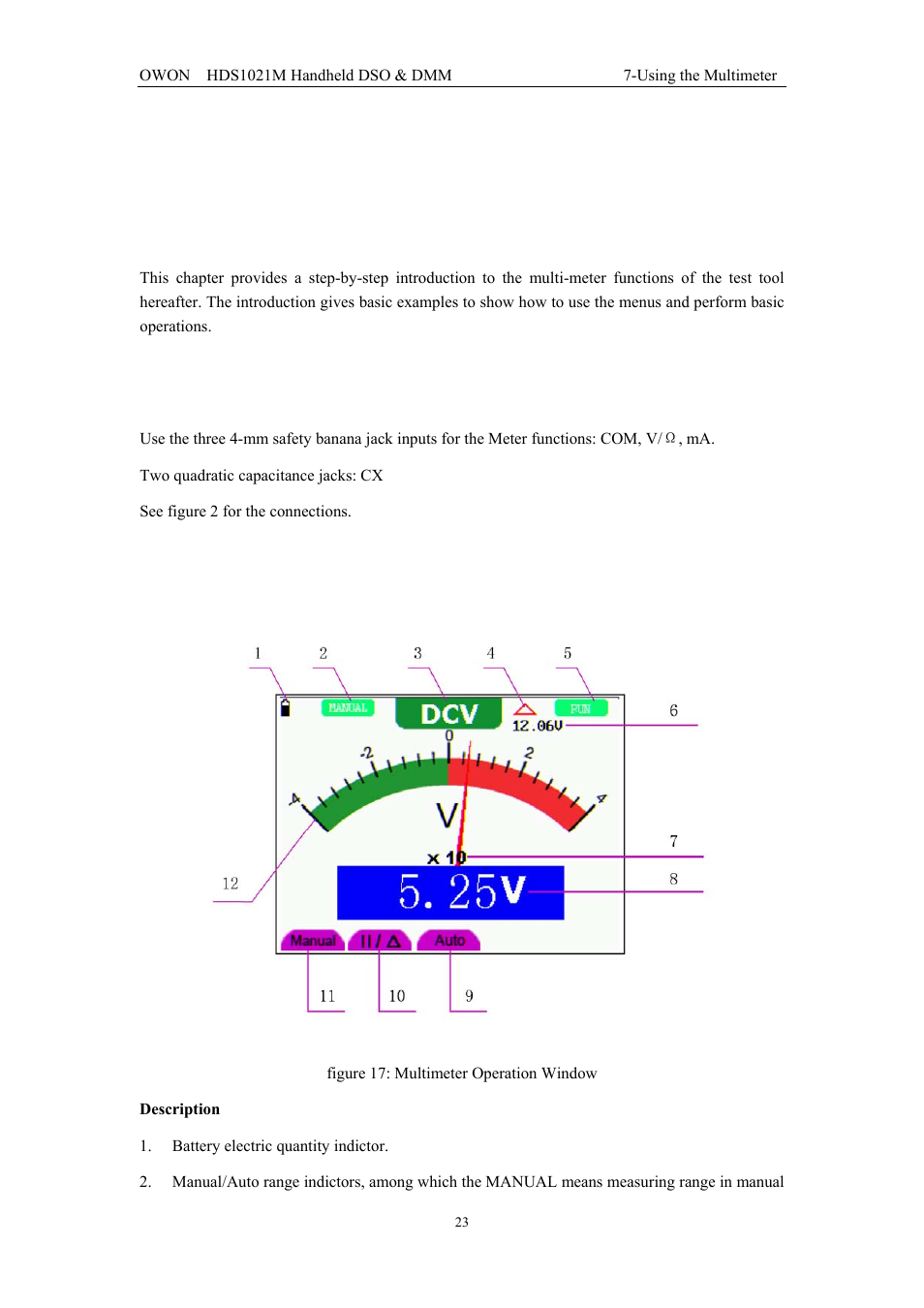 Using the multimeter, 1 about this chapter, 2 making meter connections | 3 multimeter operation window | OWON HDS1021M User Manual | Page 30 / 64