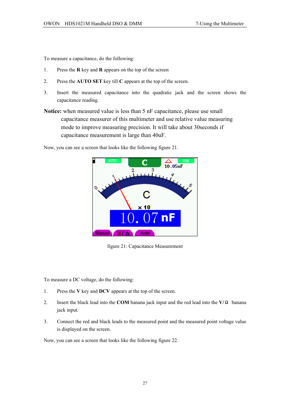 4 making a capacitance measurement, 5 making a dc voltage measurement | OWON HDS1021M User Manual | Page 34 / 64