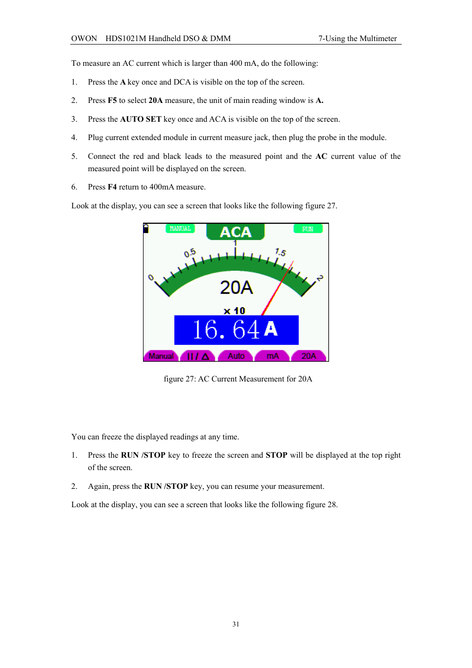 5 freezing the readings | OWON HDS1021M User Manual | Page 38 / 64