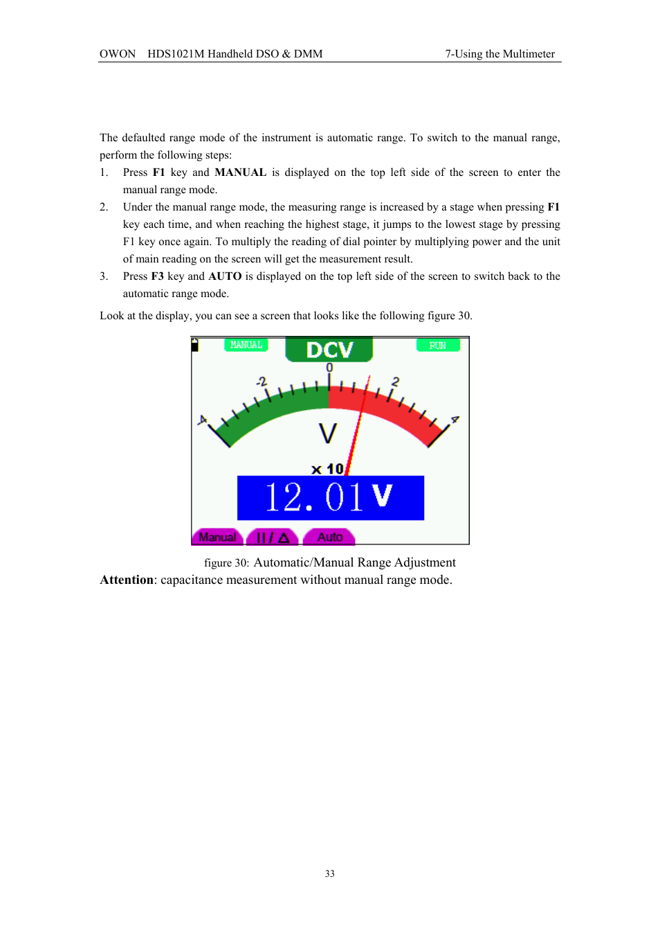 7 selecting automatic/manual range adjustment | OWON HDS1021M User Manual | Page 40 / 64
