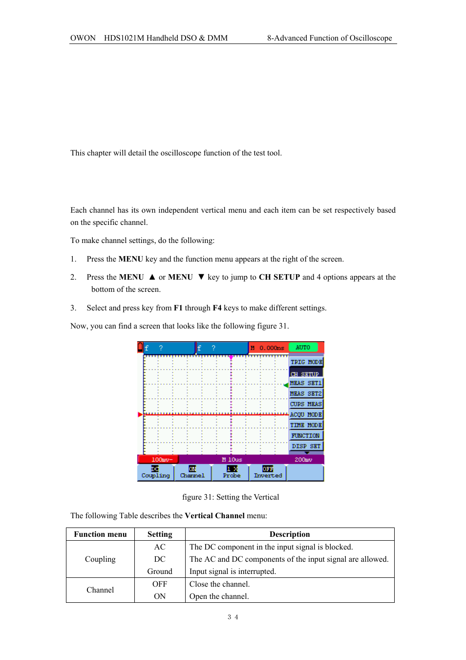 Advanced function of oscilloscope, 1 about this chapter, 2 setting the channel | OWON HDS1021M User Manual | Page 41 / 64