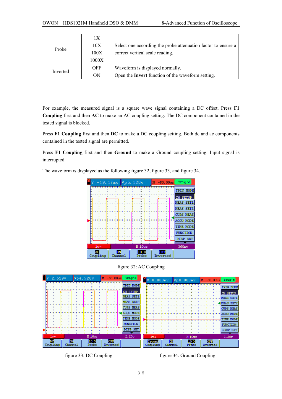 1 setting the channel coupling | OWON HDS1021M User Manual | Page 42 / 64