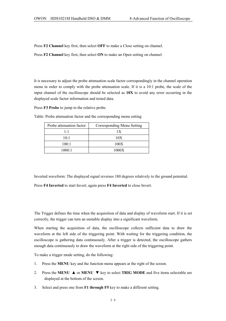 2 make open and close settings on channel, 3 adjusting the probe scale, 4 setting of inverted waveform | 3 setting the trigger system | OWON HDS1021M User Manual | Page 43 / 64