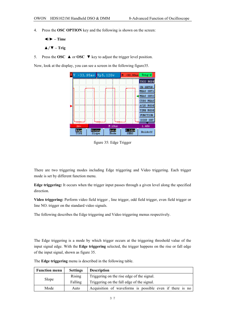 4 triggering control, 1 edge triggering, Description | OWON HDS1021M User Manual | Page 44 / 64