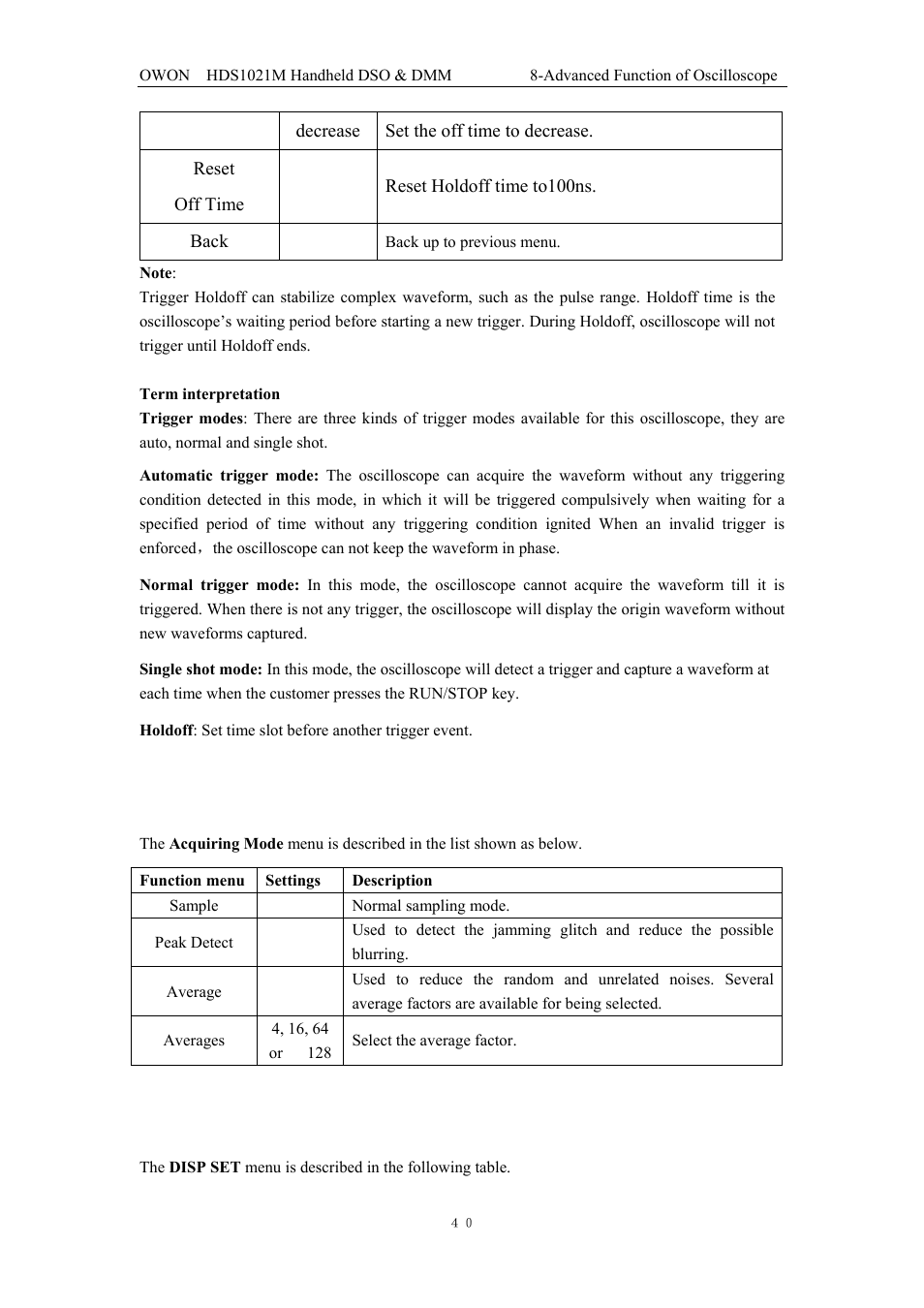 5 acquiring mode setting, 6 display setting | OWON HDS1021M User Manual | Page 47 / 64