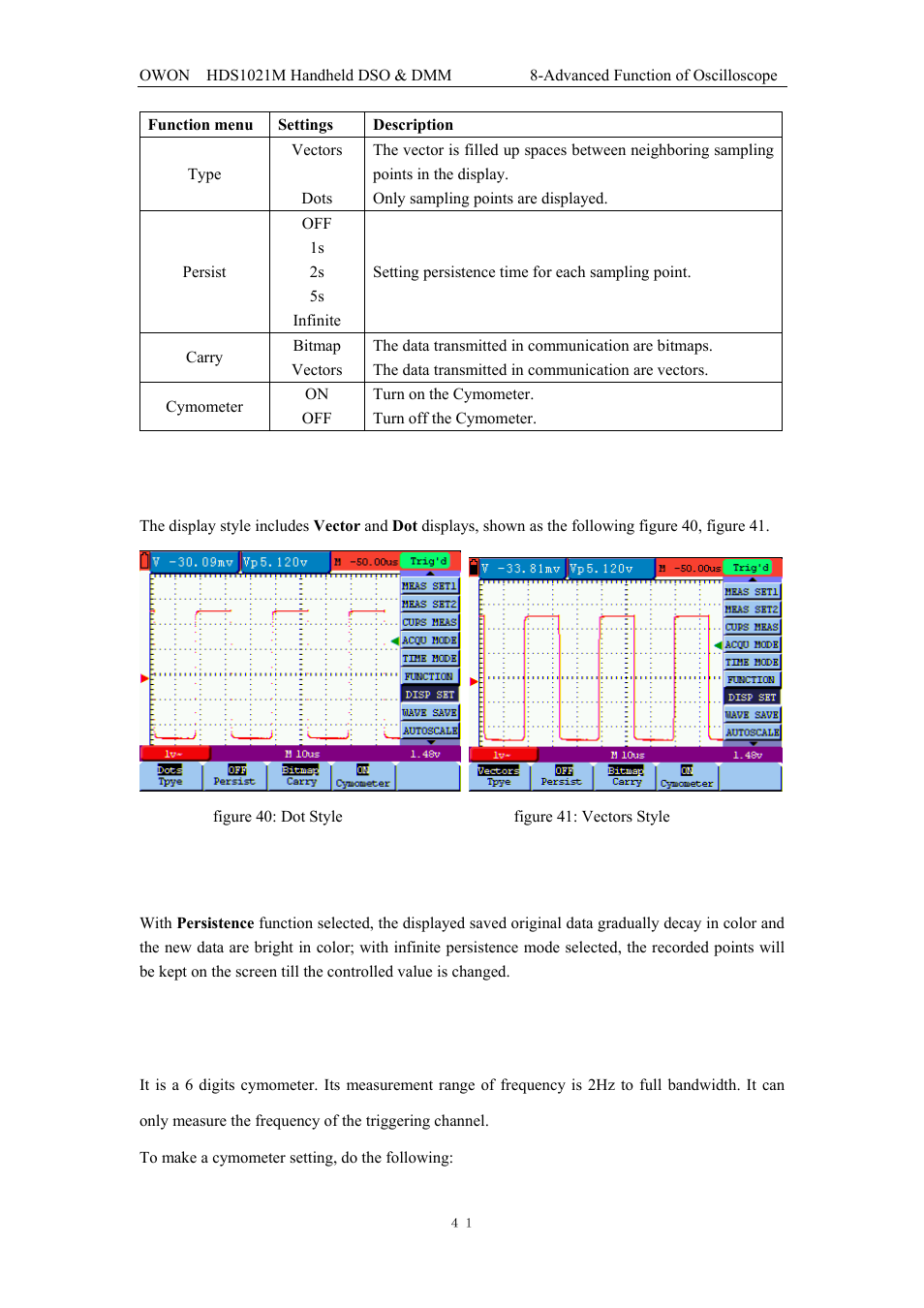 Settings, 1 display style, 2 persistence | 3 cymometer | OWON HDS1021M User Manual | Page 48 / 64