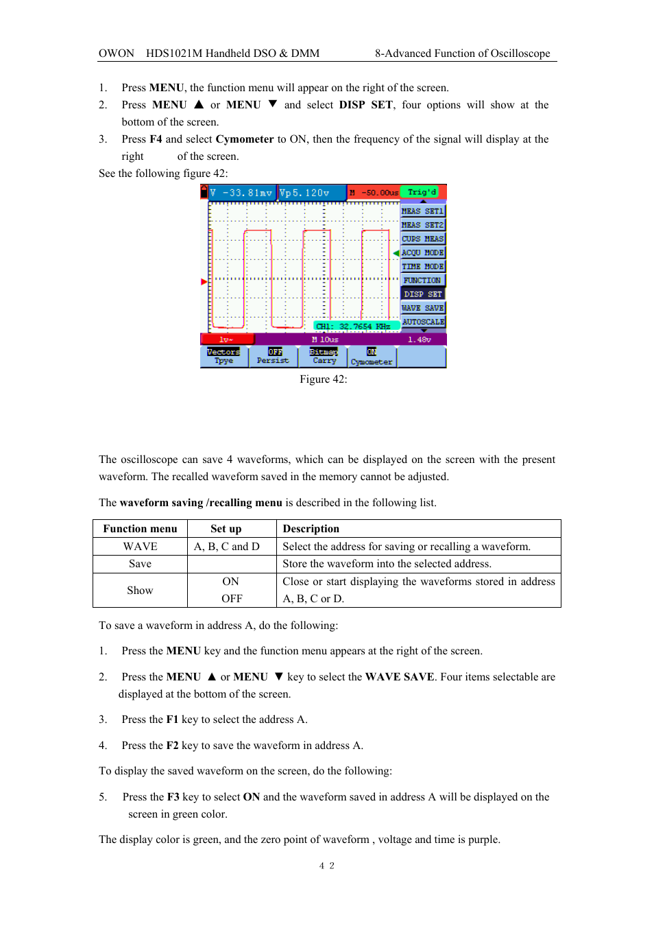 7 waveform saving setups | OWON HDS1021M User Manual | Page 49 / 64