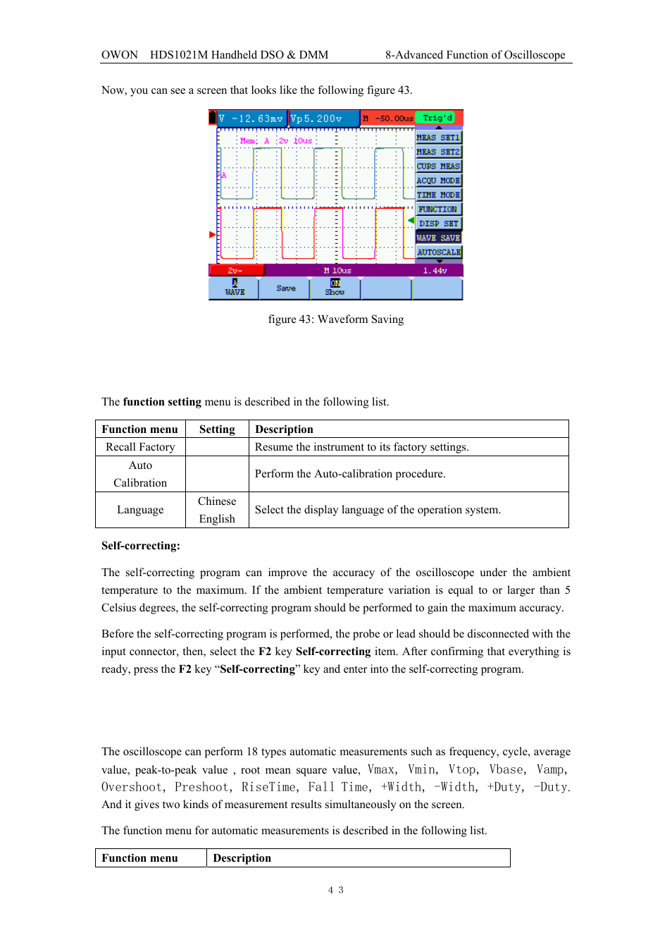 8 function setting menu, Setting, 9 making automatic measurements | Description | OWON HDS1021M User Manual | Page 50 / 64