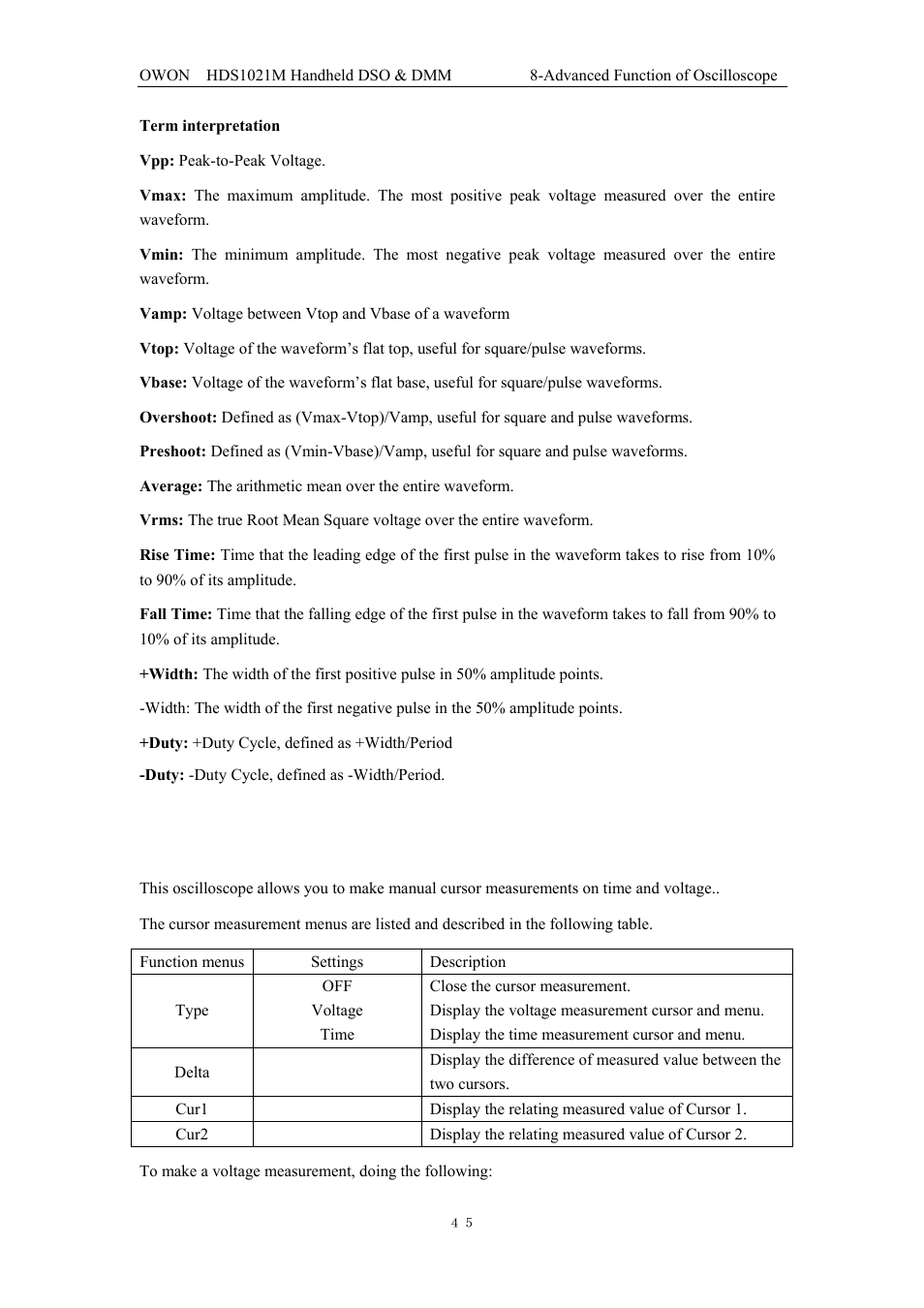 10 setting the cursor measurements | OWON HDS1021M User Manual | Page 52 / 64