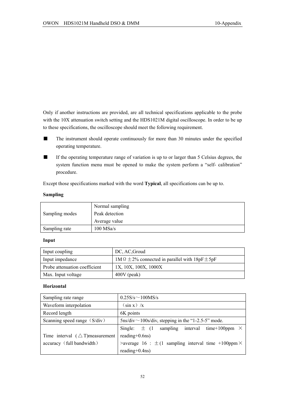 Appendix, 1 appendix a: specifications, 1 oscilloscope | OWON HDS1021M User Manual | Page 59 / 64