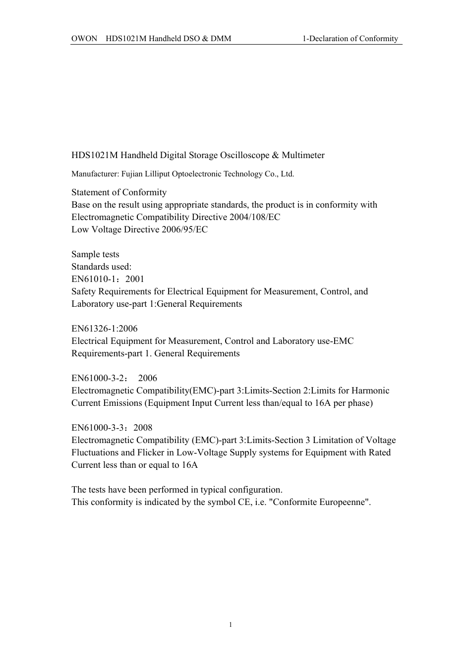 Declaration of conformity, 1 declaration of conformity | OWON HDS1021M User Manual | Page 8 / 64