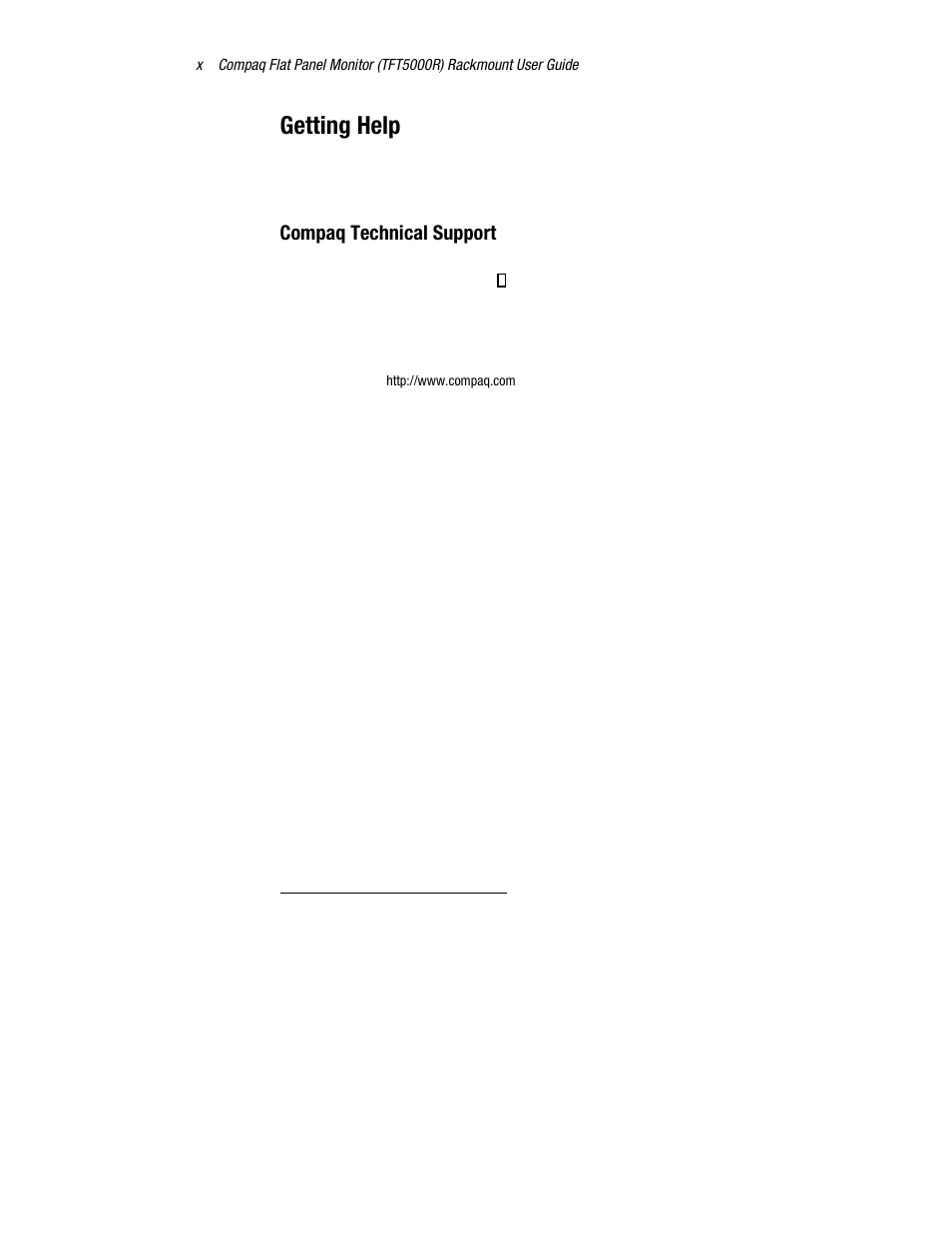 Getting help, Compaq technical support | Compaq TFT 5000R User Manual | Page 10 / 56