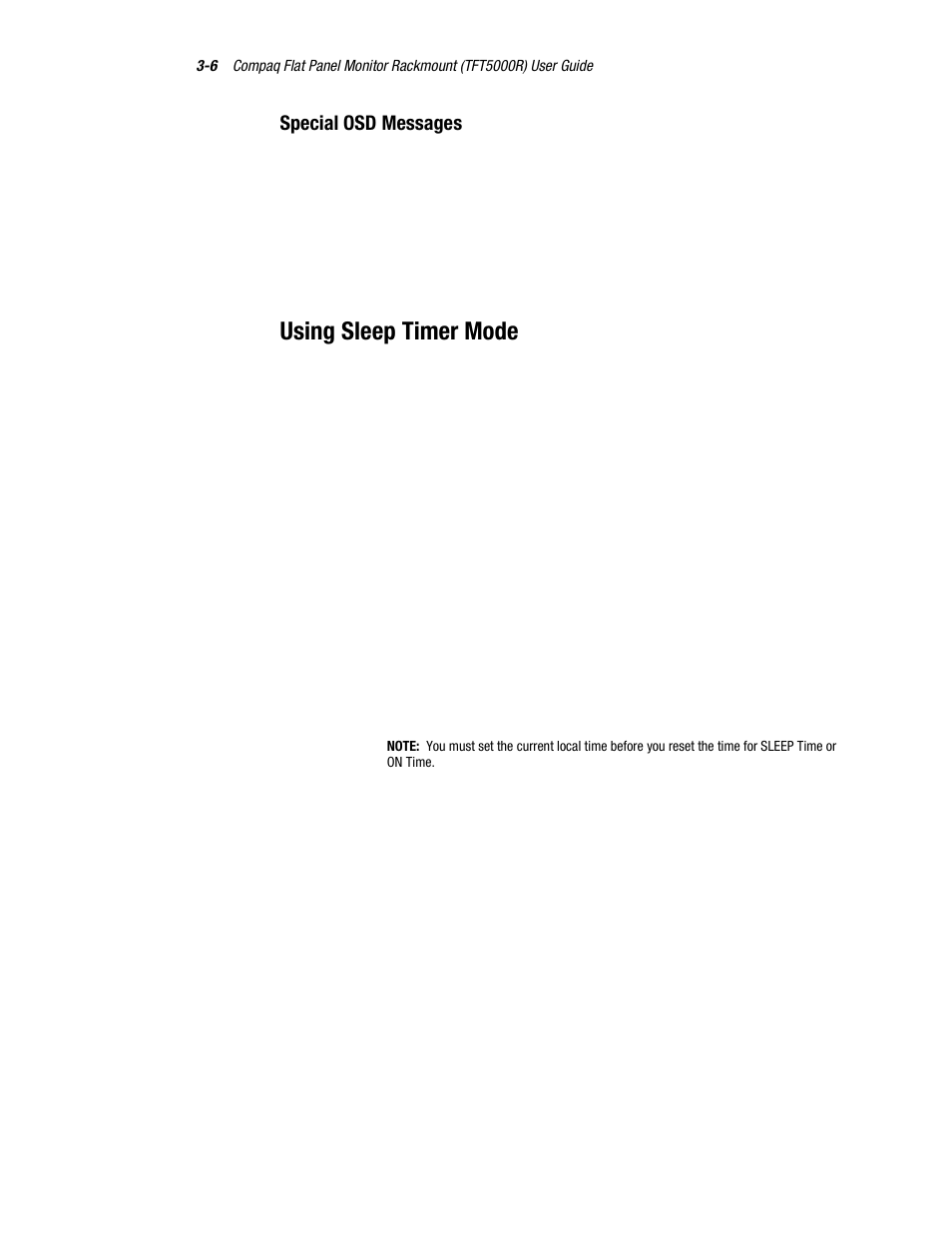 Special osd messages, Using sleep timer mode | Compaq TFT 5000R User Manual | Page 36 / 56