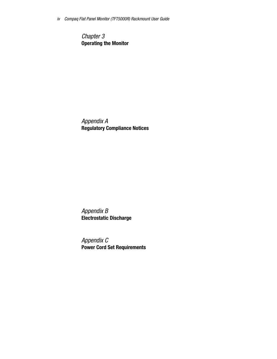 Chapter 3, Appendix a, Appendix b | Appendix c | Compaq TFT 5000R User Manual | Page 4 / 56