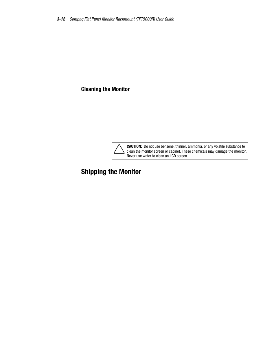 Cleaning the monitor, Shipping the monitor | Compaq TFT 5000R User Manual | Page 42 / 56