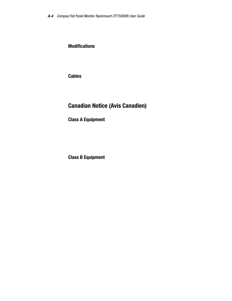 Modifications, Cables, Canadian notice (avis canadien) | Class a equipment, Class b equipment | Compaq TFT 5000R User Manual | Page 46 / 56