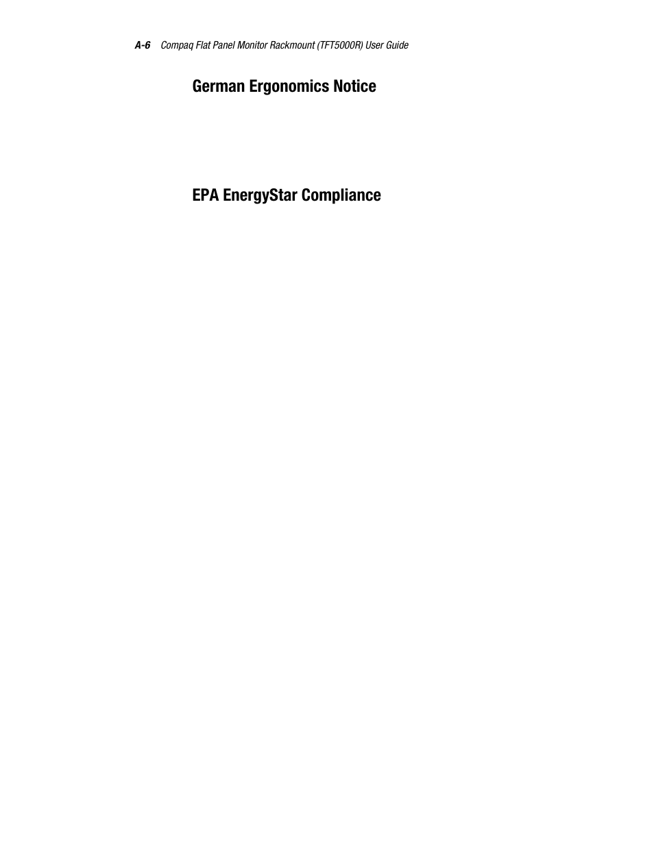 German ergonomics notice, Epa energystar compliance | Compaq TFT 5000R User Manual | Page 48 / 56