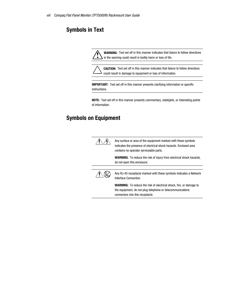 Symbols in text, Symbols on equipment | Compaq TFT 5000R User Manual | Page 8 / 56