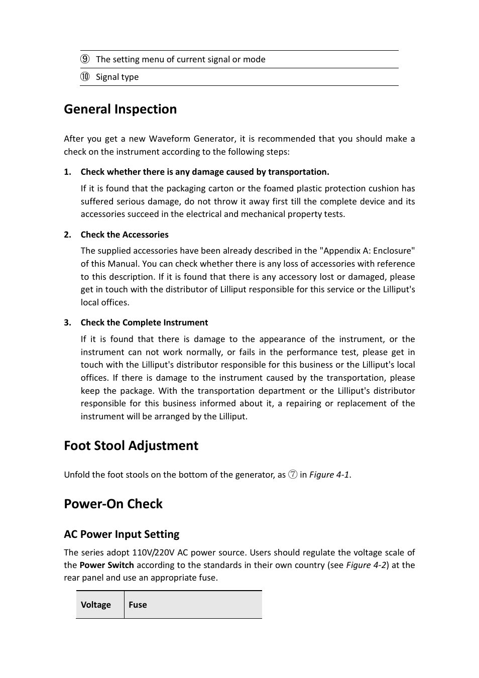 General inspection, Foot stool adjustment, Power-on check | Ac power input setting | OWON AG-S series User Manual | Page 13 / 52