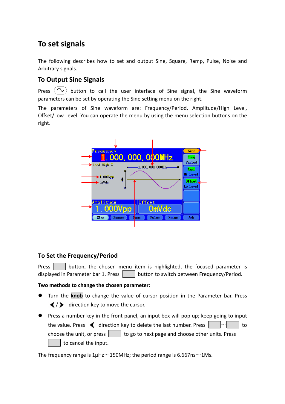 To set signals, To output sine signals, To set the frequency/period | OWON AG-S series User Manual | Page 16 / 52