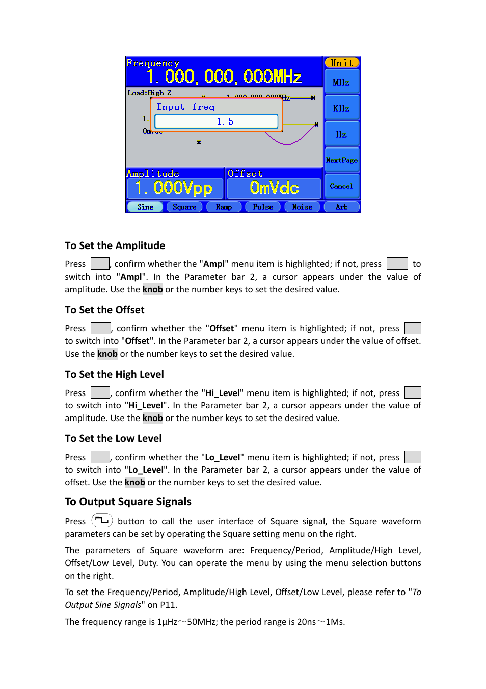 To set the amplitude, To set the offset, To set the high level | To set the low level, To output square signals | OWON AG-S series User Manual | Page 17 / 52