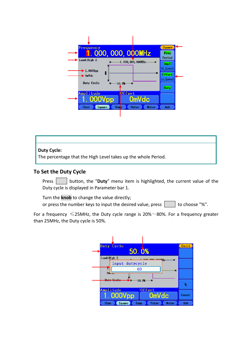 To set the duty cycle | OWON AG-S series User Manual | Page 18 / 52