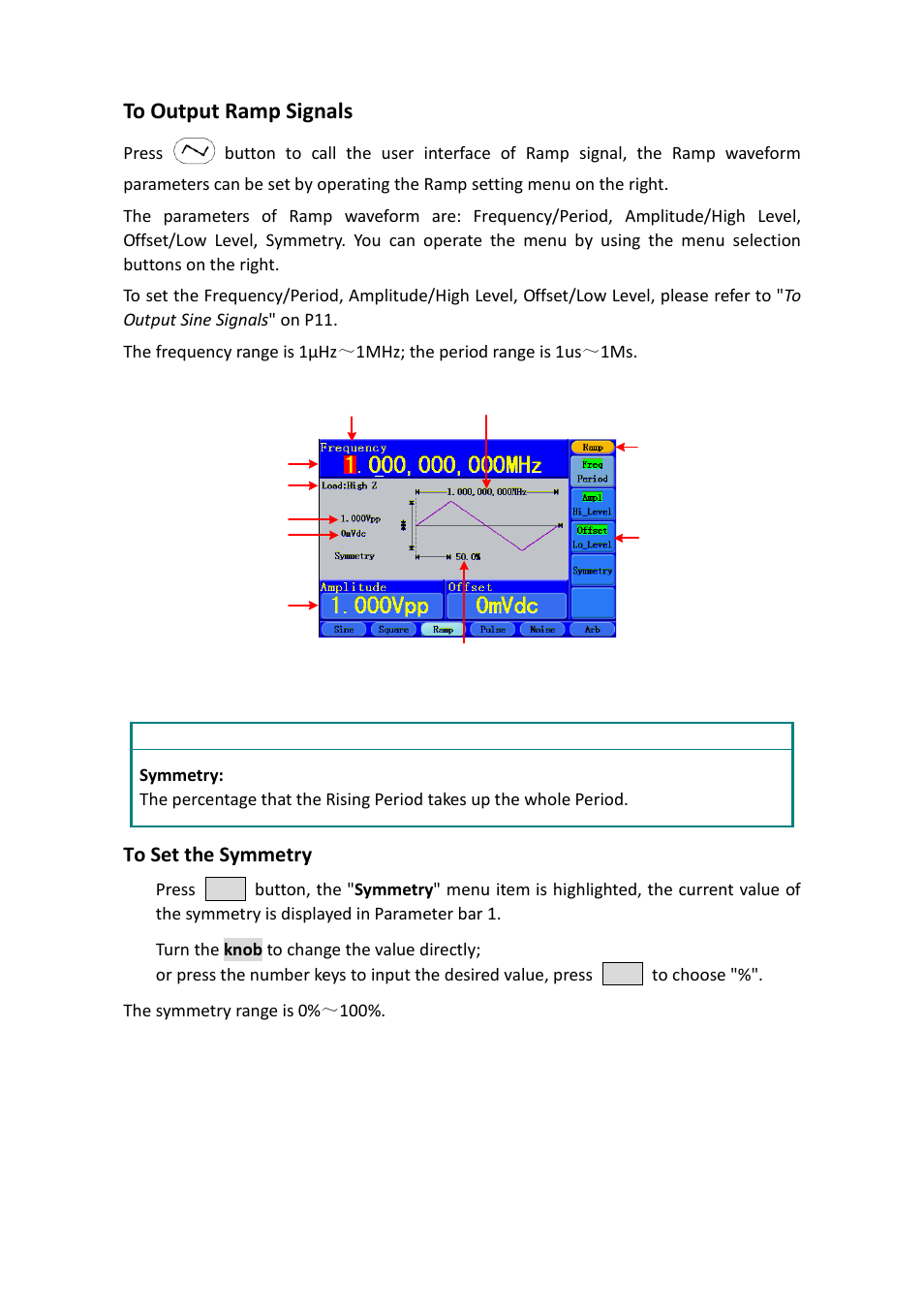 To output ramp signals, To set the symmetry | OWON AG-S series User Manual | Page 19 / 52