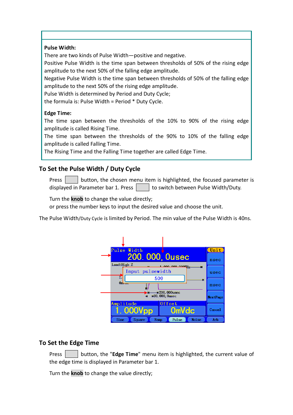 To set the pulse width / duty cycle, To set the edge time | OWON AG-S series User Manual | Page 21 / 52